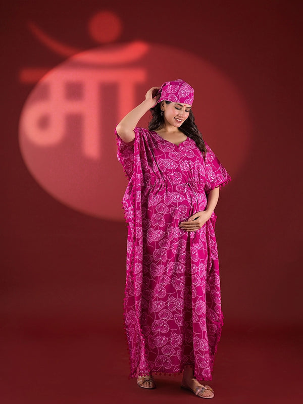 Wine White Floral Print Cotton Maternity Feeding-Friendly Kaftan Dress