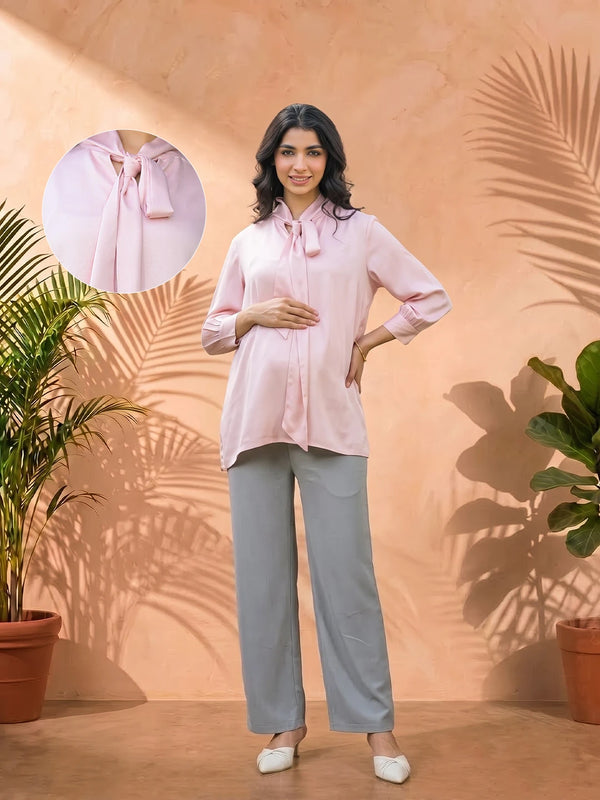 Light Pink Tie-up Neck Maternity Feeding-Friendly Top
