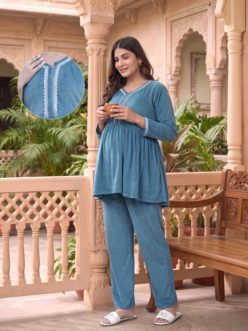 Teal Velvet Maternity Feeding Night Suit