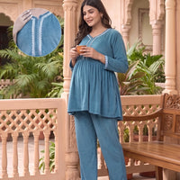 Teal Velvet Maternity Feeding Night Suit
