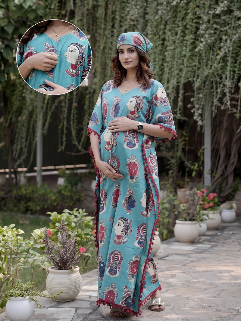 Turquoise Multi Ethnic Print Maternity & Feeding Kaftan Dress with Concealed Zipper