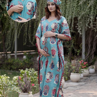 Turquoise Multi Ethnic Print Maternity & Feeding Kaftan Dress with Concealed Zipper