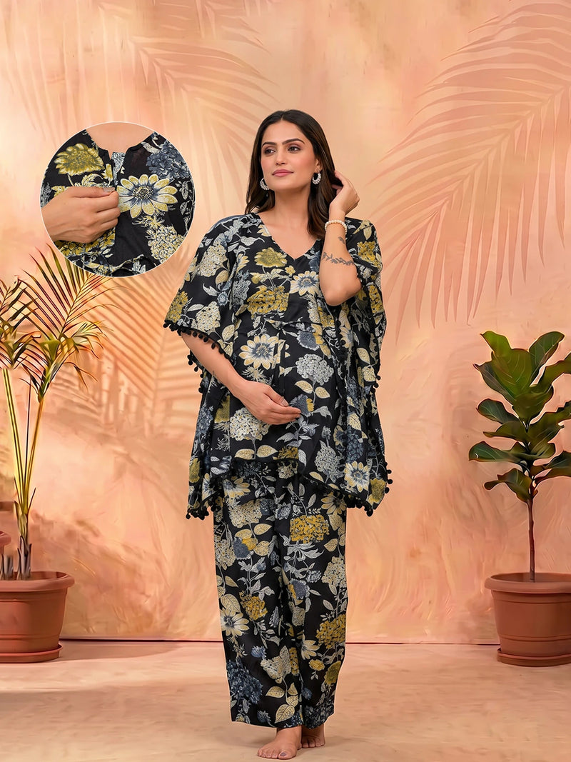 Black Floral Print Maternity Feeding-Friendly Kaftan Night Suit with Concealed Zipper