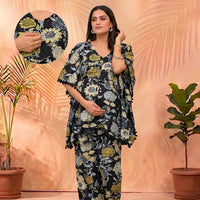 Black Floral Print Maternity Feeding-Friendly Kaftan Night Suit with Concealed Zipper