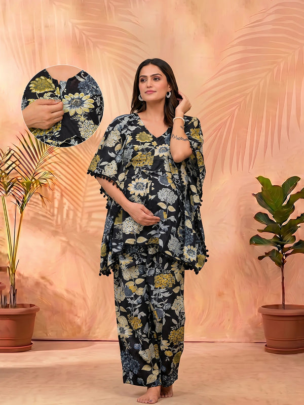 Black Floral Print Maternity Feeding-Friendly Kaftan Night Suit with Concealed Zipper