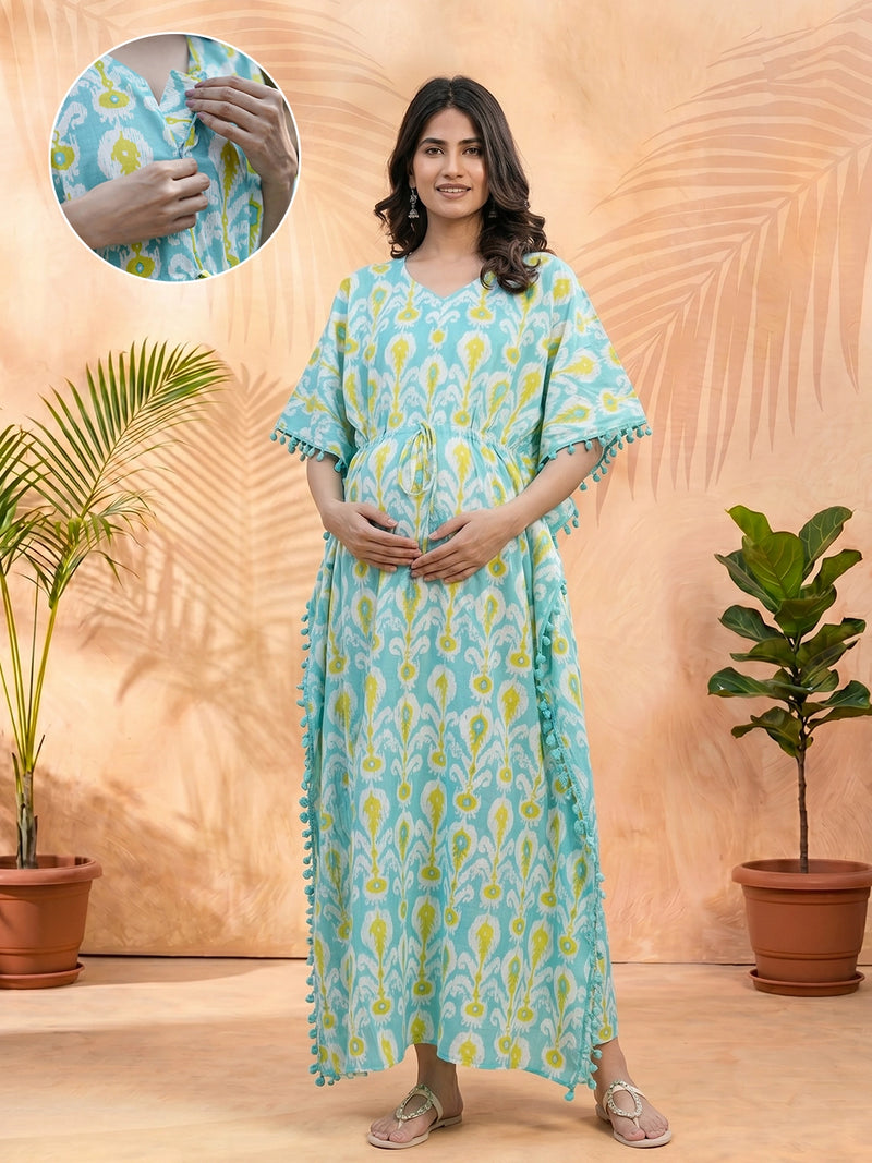 Turquoise Blue Ethnic Print Maternity & Feeding Kaftan Dress