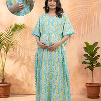 Turquoise Blue Ethnic Print Maternity & Feeding Kaftan Dress