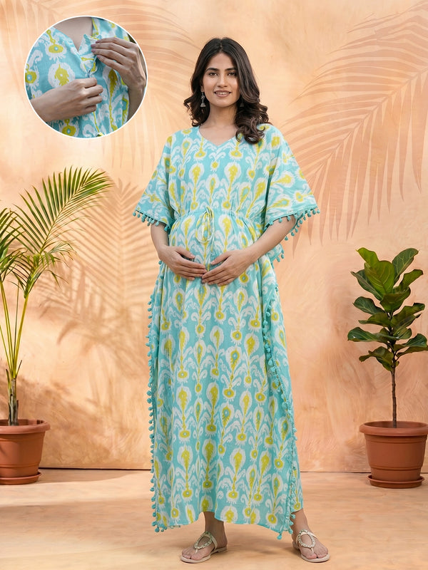 Turquoise Blue Ethnic Print Maternity & Feeding Kaftan Dress