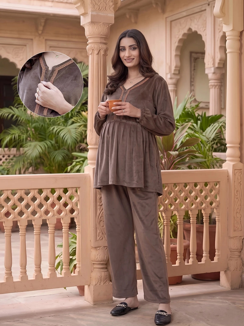 Taupe Velvet Maternity Feeding Night Suit