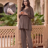 Taupe Velvet Maternity Feeding Night Suit