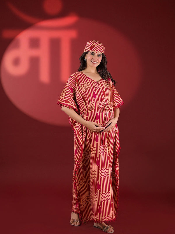 Beige Maroon Geometric Print Cotton Maternity Feeding-Friendly Kaftan Dress