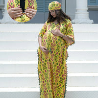 Yellow Multi Ikat Print Maternity & Feeding Kaftan Dress