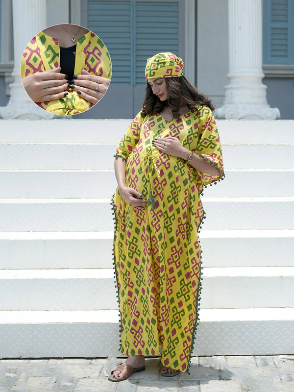 Yellow Multi Ikat Print Maternity & Feeding Kaftan Dress