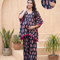 Black Fuchsia Ethnic Printed Maternity & Feeding Night Suit