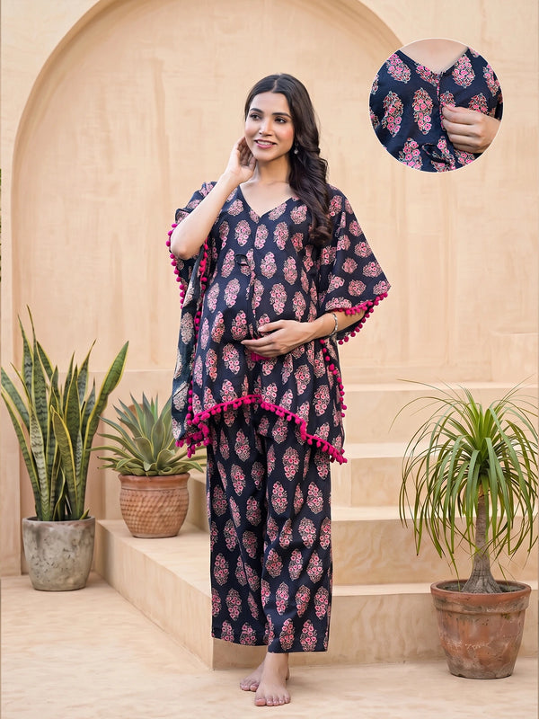 Black Fuchsia Ethnic Printed Maternity & Feeding Night Suit