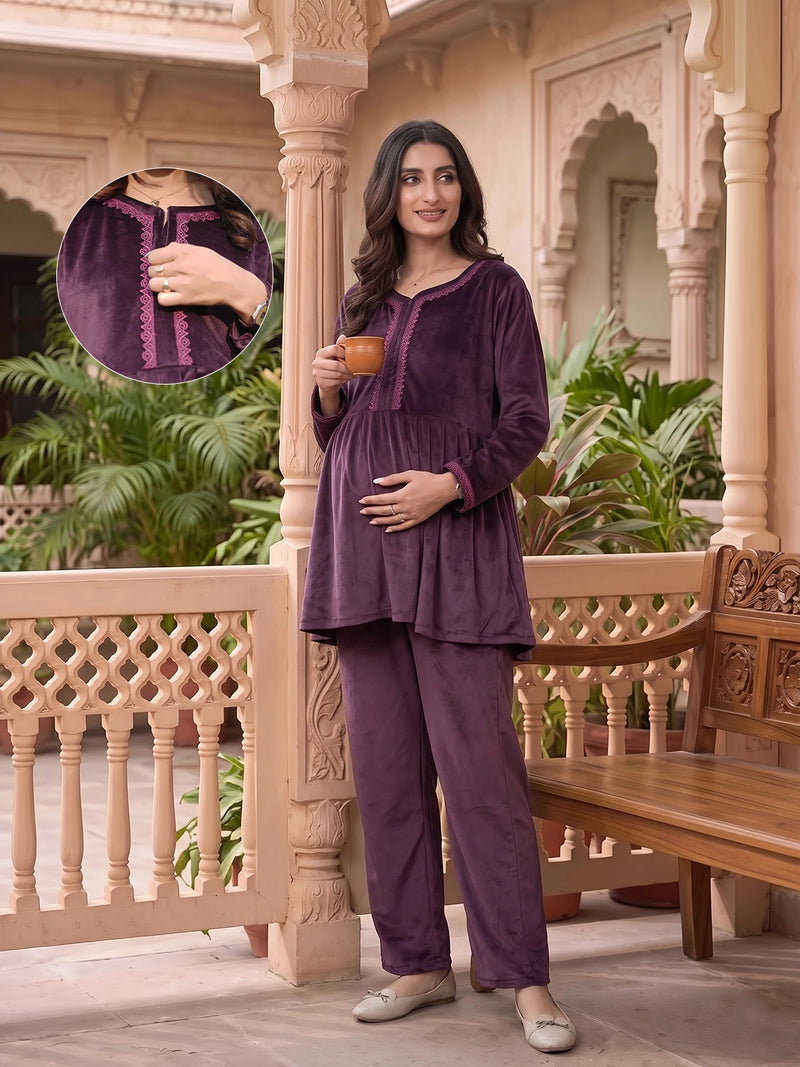 Plum Velvet Maternity Feeding Night Suit