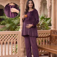 Plum Velvet Maternity Feeding Night Suit