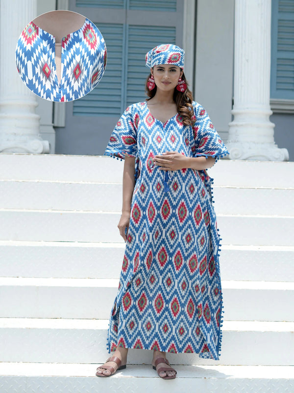 Indigo Red Ikat Print Maternity & Feeding Kaftan Dress