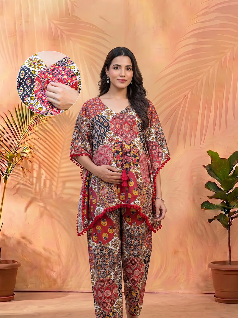 Red Multi Ethnic Print Maternity Feeding-Friendly Kaftan Night Suit with Concealed Zipper