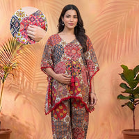 Red Multi Ethnic Print Maternity Feeding-Friendly Kaftan Night Suit with Concealed Zipper