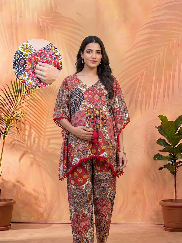 Red Multi Ethnic Print Maternity Feeding-Friendly Kaftan Night Suit with Concealed Zipper