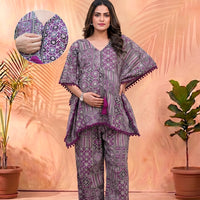 Purple Ethnic Print Maternity Feeding-Friendly Kaftan Night Suit with Concealed Zipper
