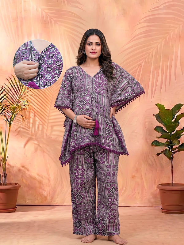 Purple Ethnic Print Maternity Feeding-Friendly Kaftan Night Suit with Concealed Zipper