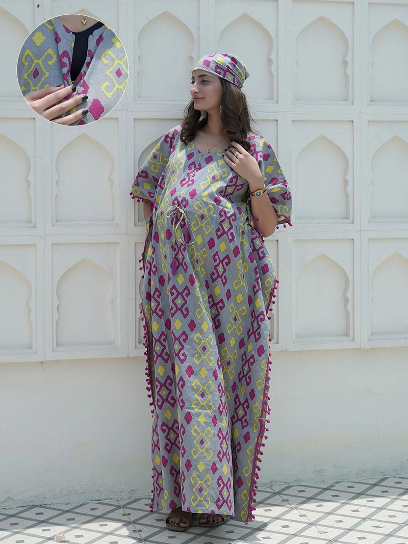 Grey Multi Ikat Print Maternity & Feeding Kaftan Dress