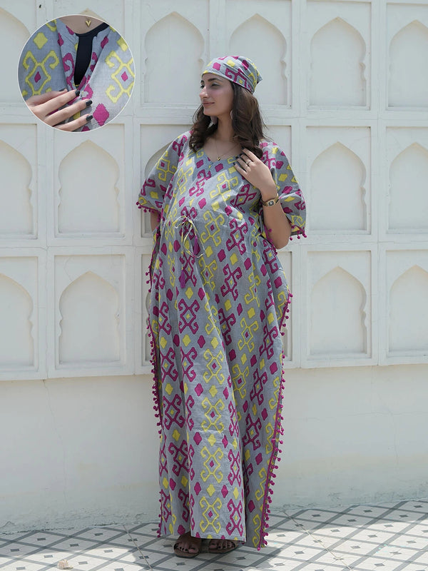 Grey Multi Ikat Print Maternity & Feeding Kaftan Dress