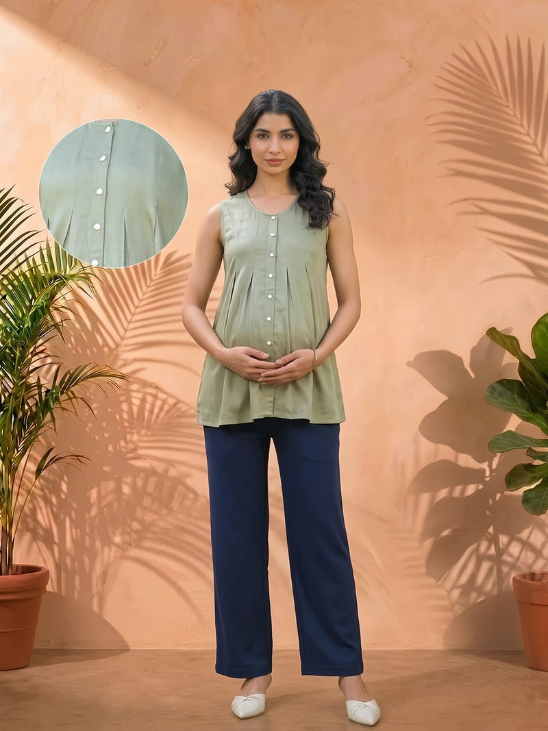 Olive Green Pleated Maternity Feeding-Friendly Top