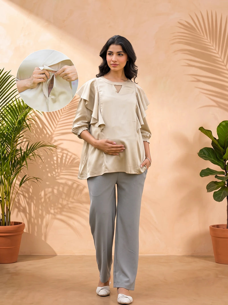 Beige Jewell Neck Ruffled Maternity & Feeding Top with Concealed Zipper