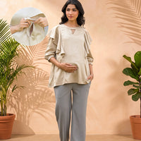 Beige Jewell Neck Ruffled Maternity & Feeding Top with Concealed Zipper