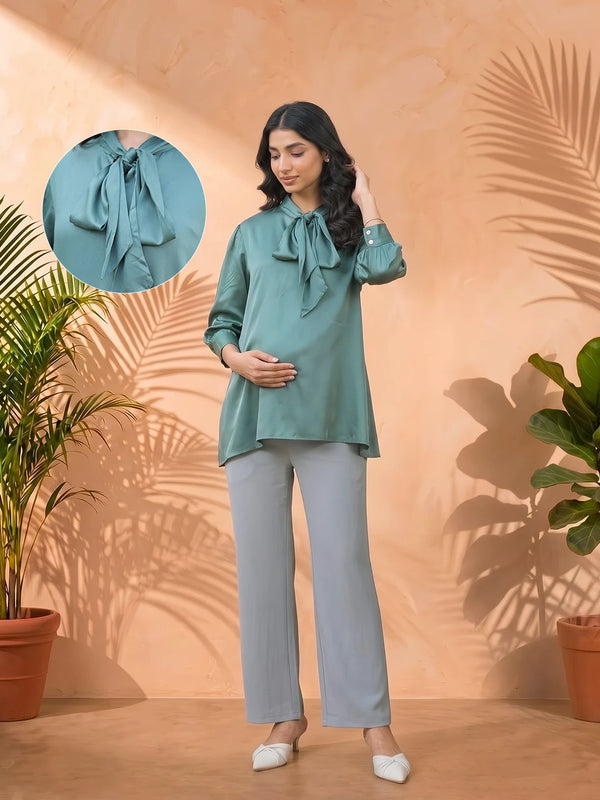 Green Tie-up Neck Maternity Feeding-Friendly Top