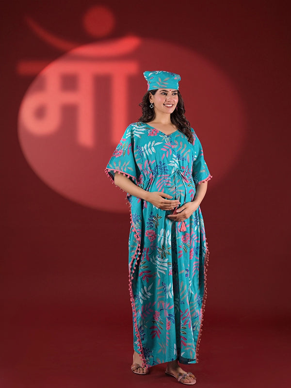 Turquoise Multi Tropical Print Cotton Maternity Feeding-Friendly Kaftan Dress