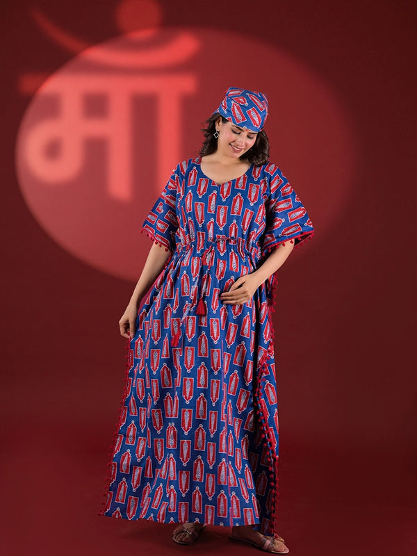 Indigo Red Floral Print Cotton Maternity Feeding-Friendly Kaftan Dress