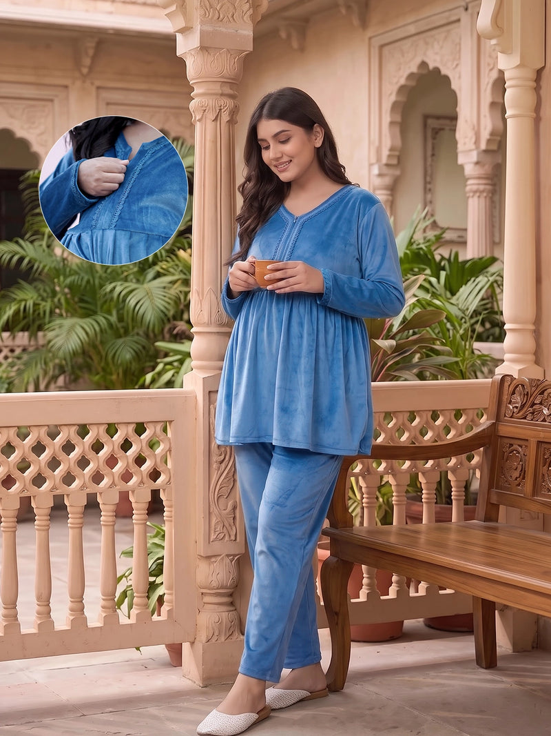 Teal Blue Velvet Maternity Feeding Night Suit