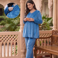 Teal Blue Velvet Maternity Feeding Night Suit