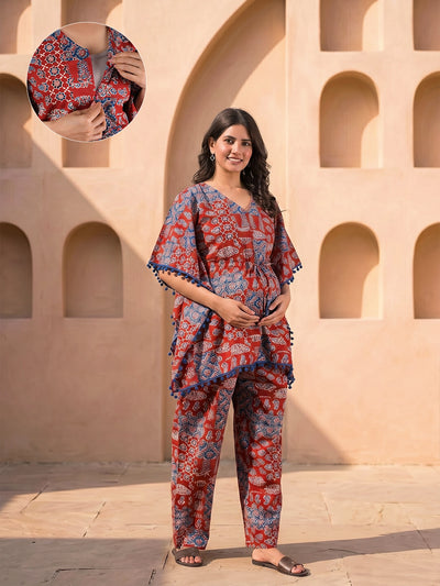 Red Indigo Ethnic Print Maternity Feeding-Friendly Kaftan Night Suit with Concealed Zipper