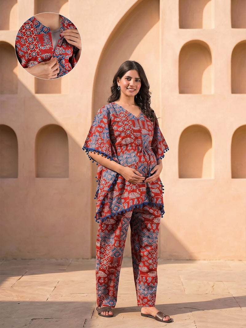 red-indigo-ethnic-print-maternity-feeding-friendly-kaftan-night-suit-with-concealed-zipper