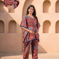 Red Indigo Ethnic Print Maternity Feeding-Friendly Kaftan Night Suit with Concealed Zipper