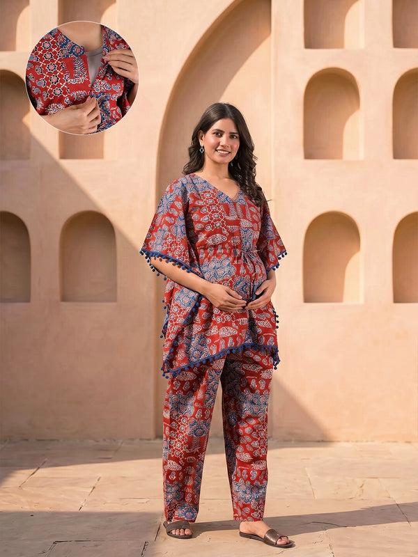 Red Indigo Ethnic Print Maternity Feeding-Friendly Kaftan Night Suit with Concealed Zipper