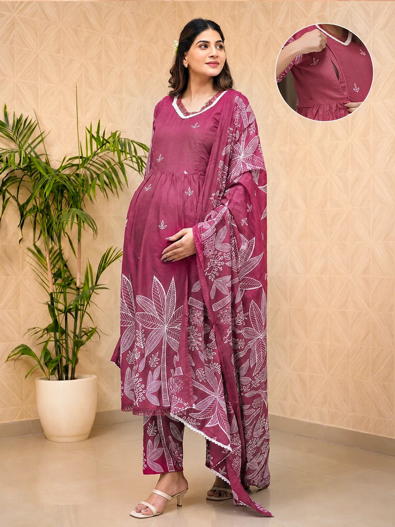 Fuchsia White Printed Maternity & Feeding Kurta Suit With Dupatta