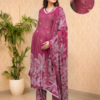 Fuchsia White Printed Maternity & Feeding Kurta Suit With Dupatta