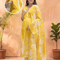 Yellow White Floral Print Cotton Maternity & Feeding-Friendly Flare Kurta Set with Dupatta