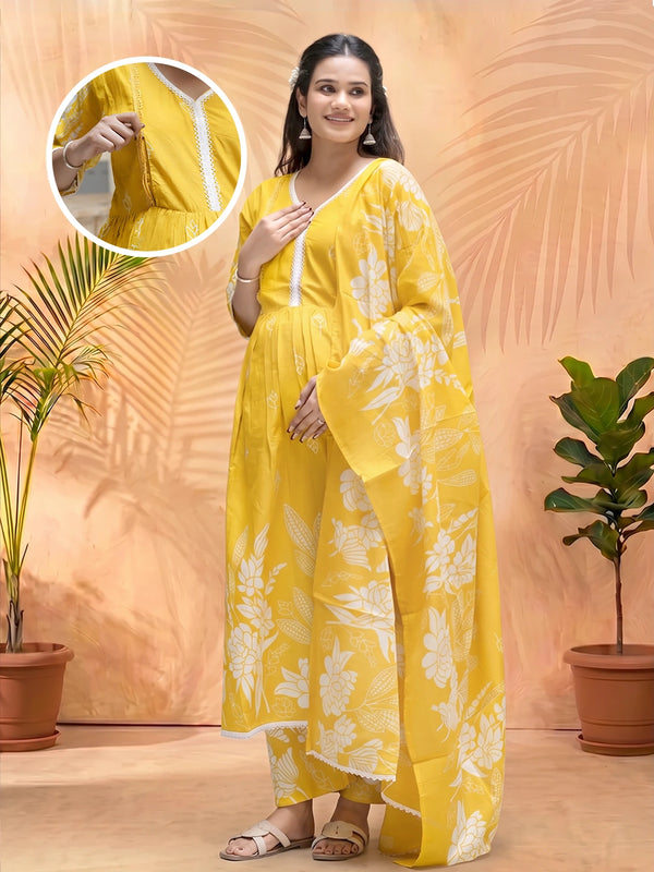 Yellow White Floral Print Cotton Maternity & Feeding-Friendly Flare Kurta Set with Dupatta