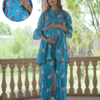 Turquoise Blue Ethnic Printed Maternity & Feeding Friendly Cotton Co-ord Set