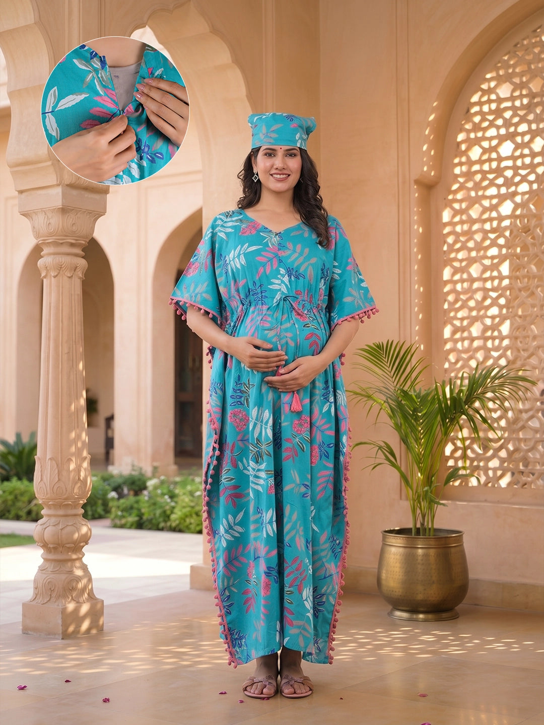 turquoise-multi-tropical-print-cotton-maternity-feeding-friendly-kaftan-dress