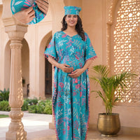 Turquoise Multi Tropical Print Cotton Maternity Feeding-Friendly Kaftan Dress