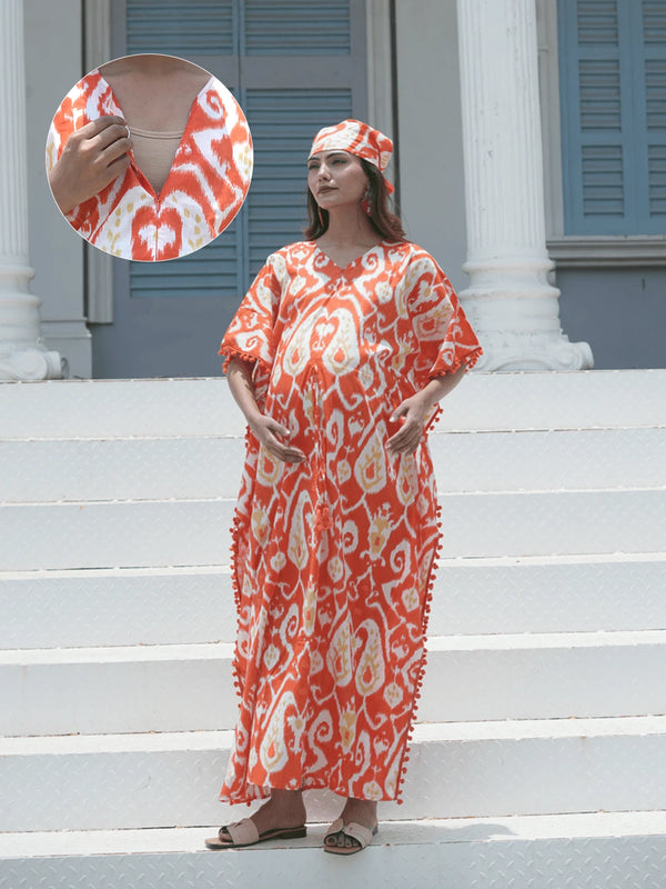 Orange Ikat Print Maternity & Feeding Kaftan Dress