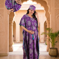 Purple Green Ethnic Print Cotton Maternity Feeding-Friendly Kaftan Dress